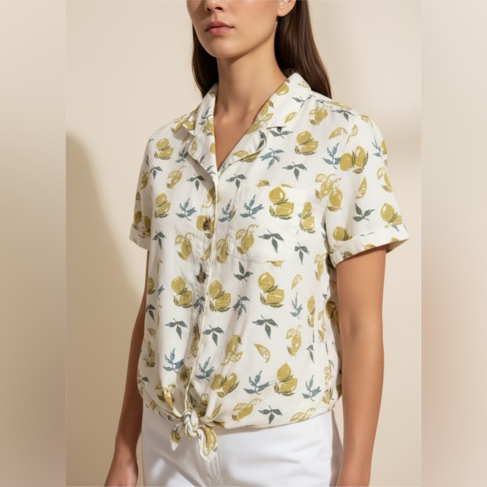 Kuhl Women’s Elsie Lemon Fruit Print Tie Front Button Up Shirts Cream Sz S